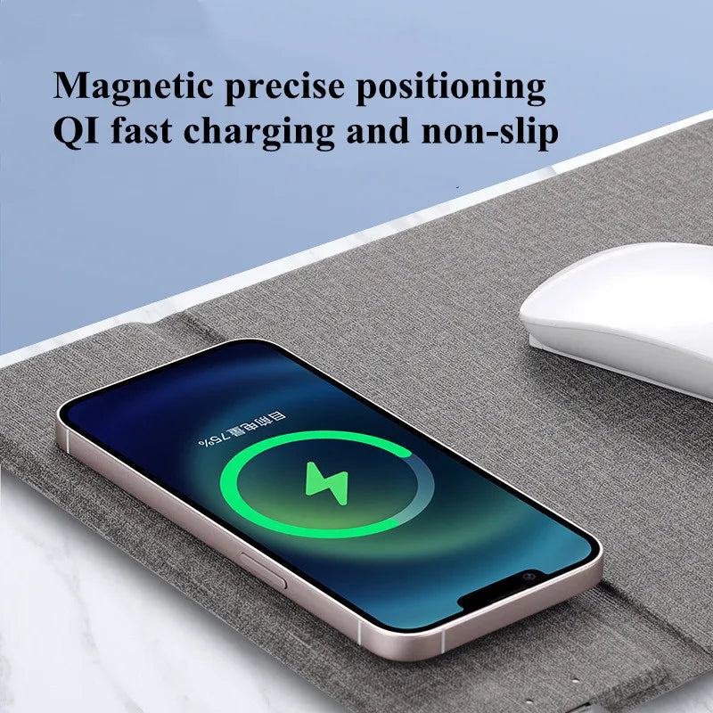 Mouse Pad WIth Qi Wireless Charging PAD For Xiaomi Iphone Samsung Galaxy Huawei Type USB C Phones Holder 2 in 1 PU Leather Mat
